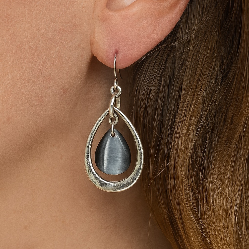 Teardrop dangle earrings with pierce silver tone gray tiger eye glass stone 1”
